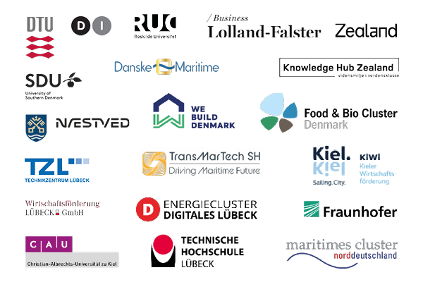Logo fra partnerne i Fehmarn Belt Innovation: DTU, DI, RUC, Business Lolland-Falster, Zealand, SDU, Danske Maritime, Knowledge Hub Zealand, Næstved Kommune, We build Denmark, Food & Bio Cluster Denmark, TZL, Trans Martech SH, Kiwi, Wirtschaftsförderung LÜBECK GmbH, EnergieCluster Digitales Lübeck, Fraunhofer, CAU, Technische Hochschule Lübeck, Maritimes Cluster Norddeutschland